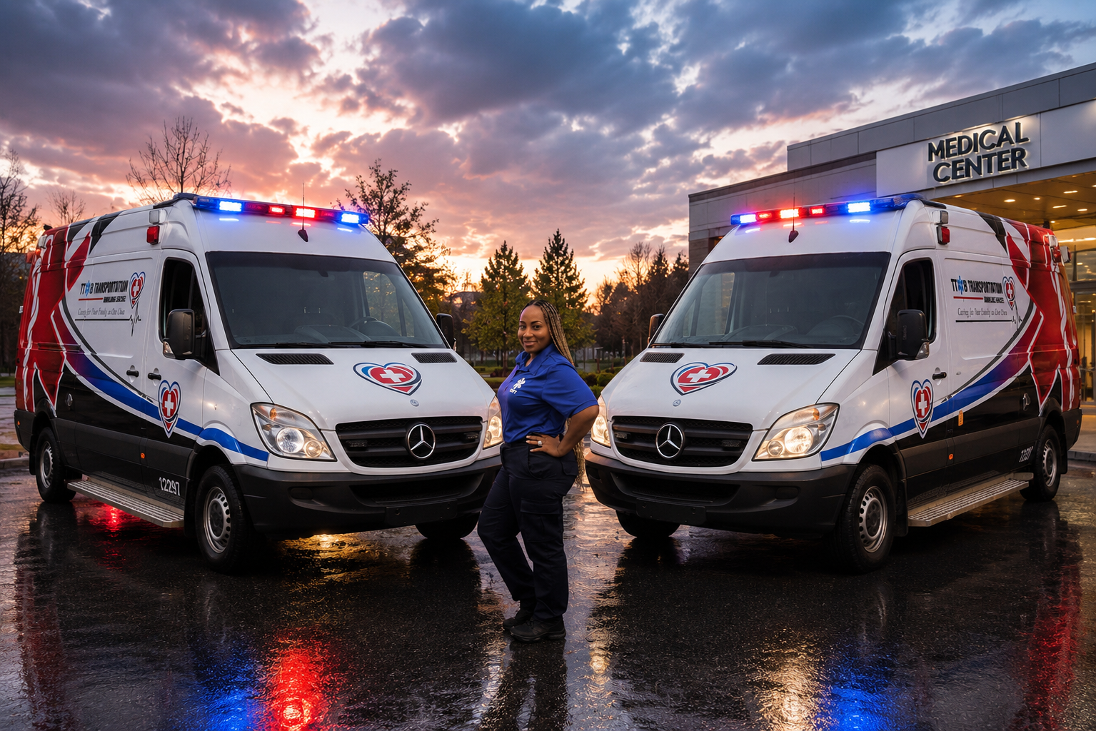 TT&B Transportation team and ambulance fleet at a medical center